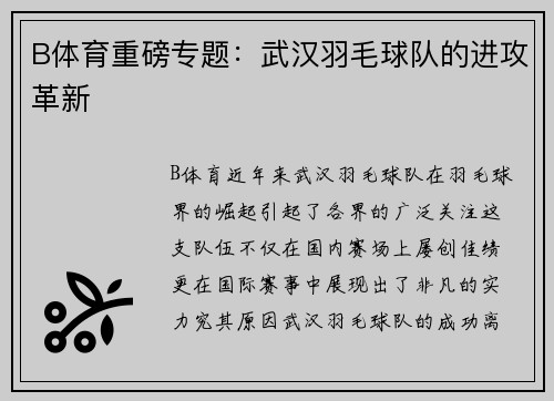 B体育重磅专题：武汉羽毛球队的进攻革新